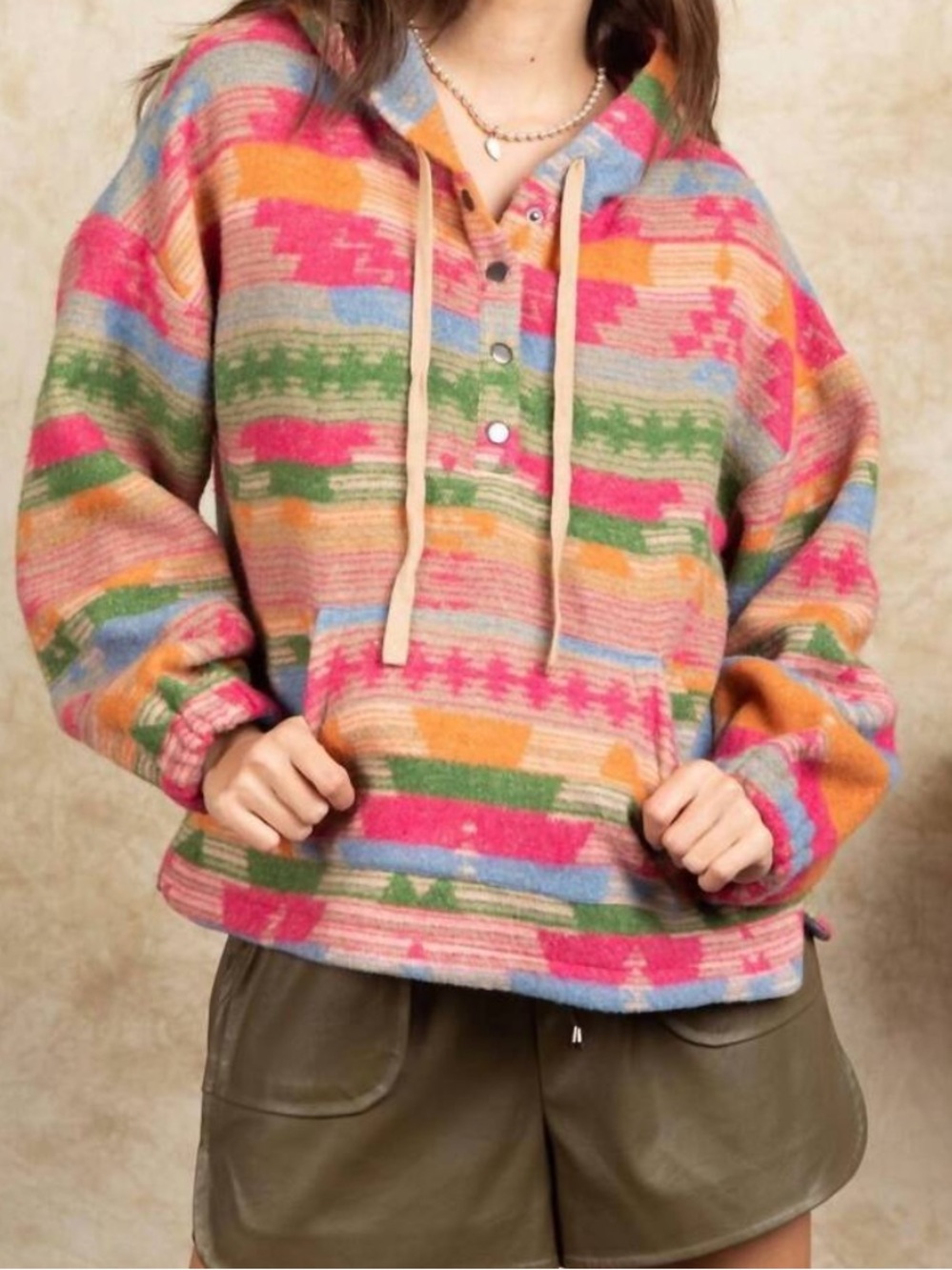 NEW IN Women’s Aztec Print Hooded Pullover Sweater Top Pink Green Blue Large